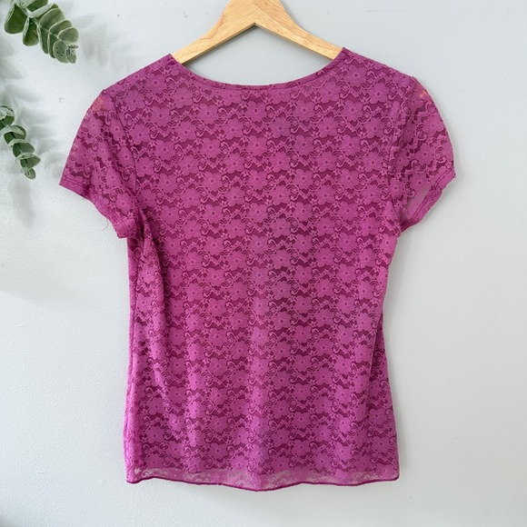 Faded Glory Top Babydoll Coquette Y2K Fuschia Floral Lace Short Sleeve Women's S - Picture 2 of 8